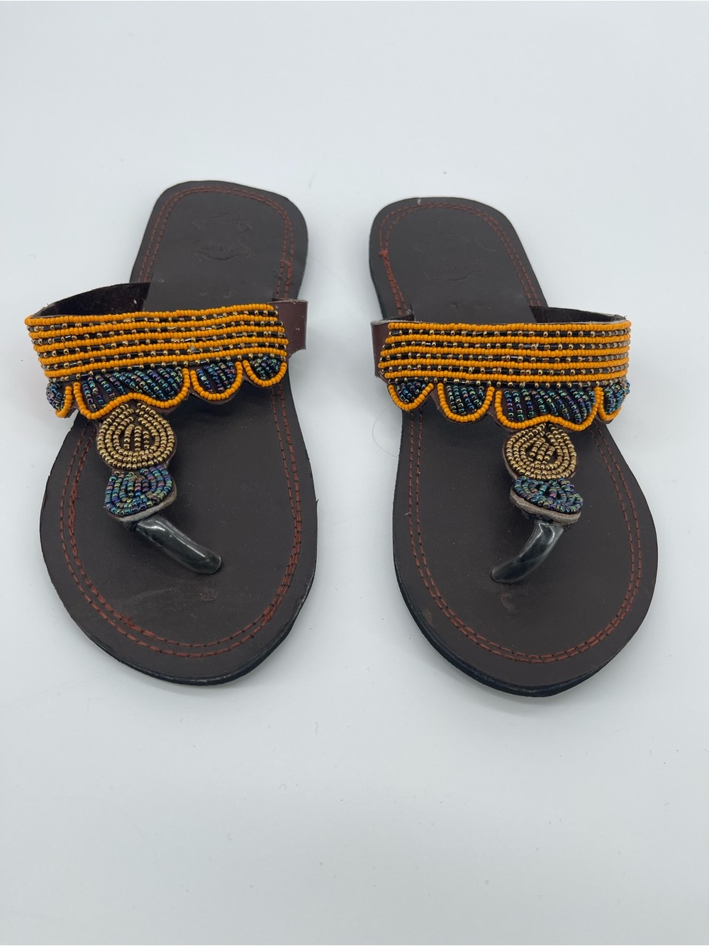 African Handmade Leather Brown with Colorful Beaded Toe-Post Sandals